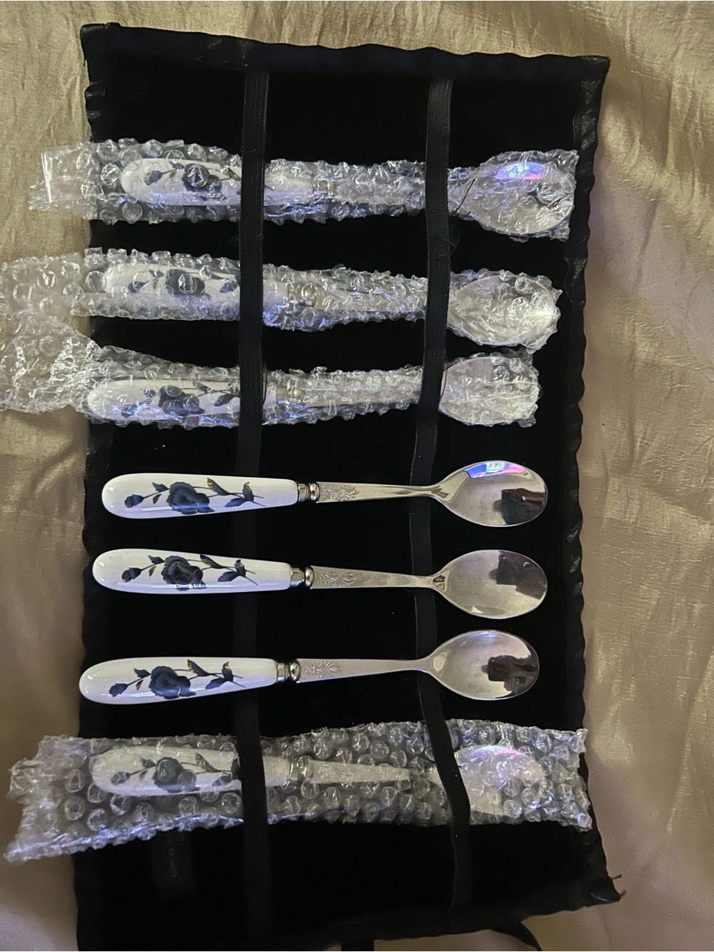 Ceramic-Handled Blue Floral condiment spoons. Set - 7 Pieces